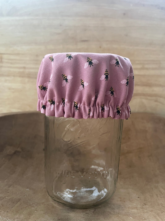 Hand Made 100% Cotton Jar Covers (Pink W/ Bees)